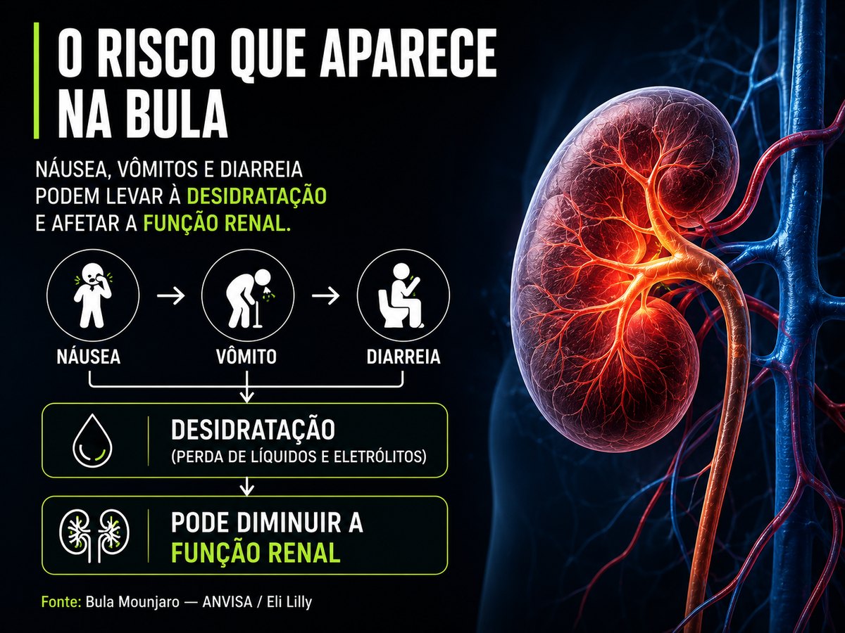 Náusea, vômito e diarreia podem levar à desidratação e afetar a função renal em pessoas que usam Mounjaro.