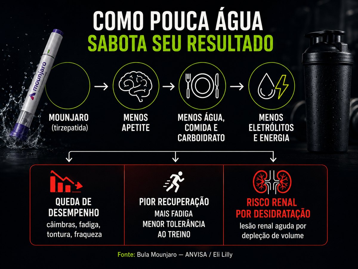 Fluxo: Mounjaro reduz o apetite, o que reduz água, comida, carboidrato e eletrólitos, com impacto em desempenho, recuperação e risco de desidratação.