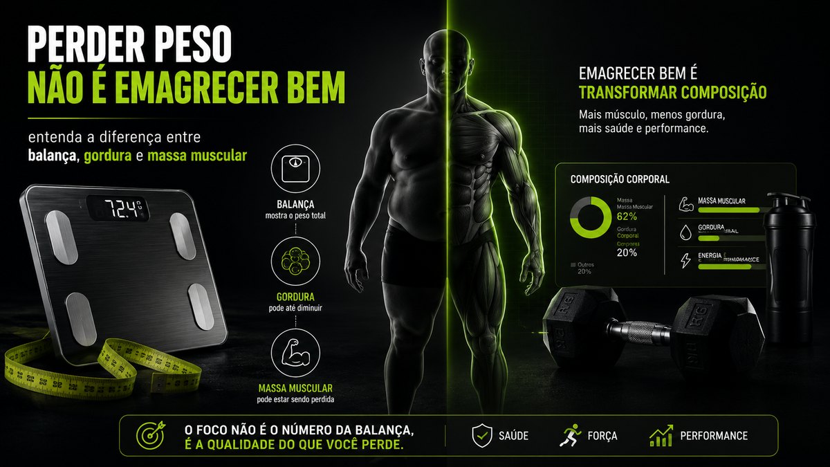 Imagem comparando peso na balança, gordura corporal e massa muscular para mostrar que emagrecer bem depende de composição corporal, força e saúde.