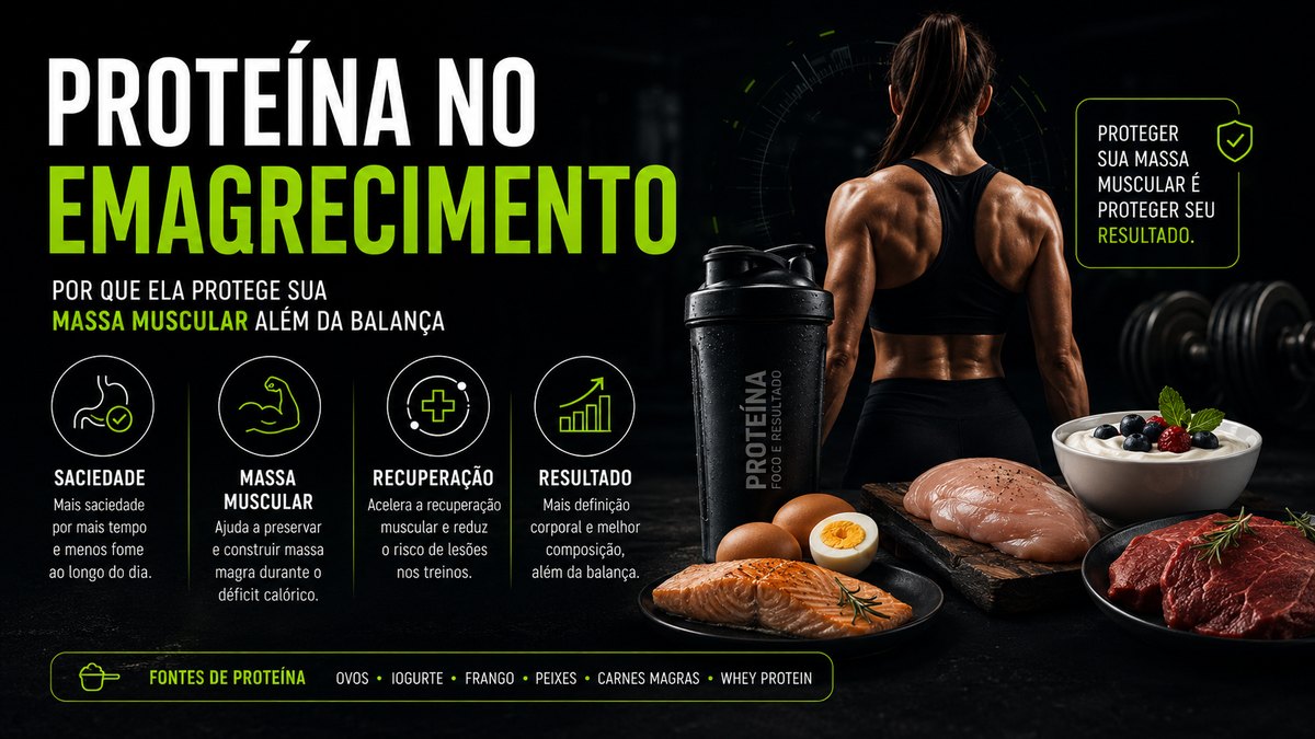 Imagem com fontes proteicas e treino de força para ilustrar o papel da proteína na saciedade, massa muscular, recuperação e qualidade do emagrecimento.