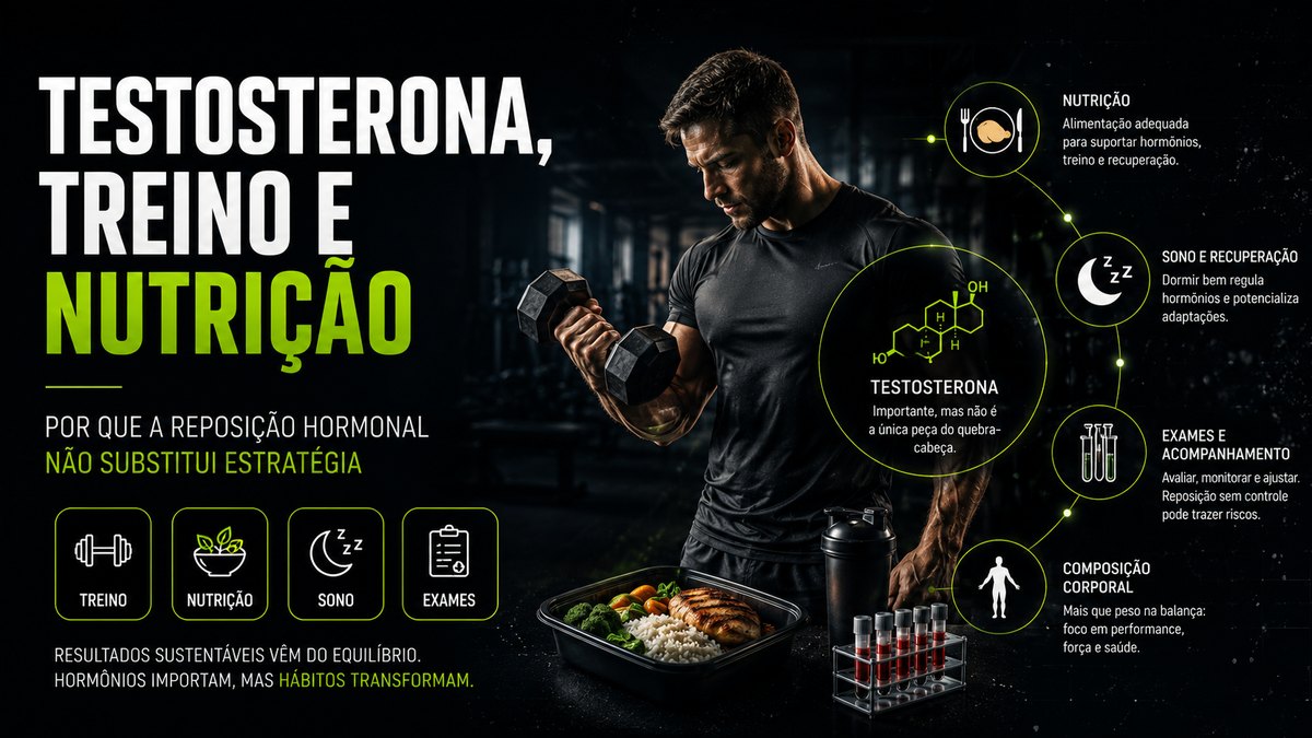 Homem treinando com elementos visuais de nutrição, sono, exames e composição corporal para ilustrar que a reposição hormonal com testosterona precisa de estratégia integrada.