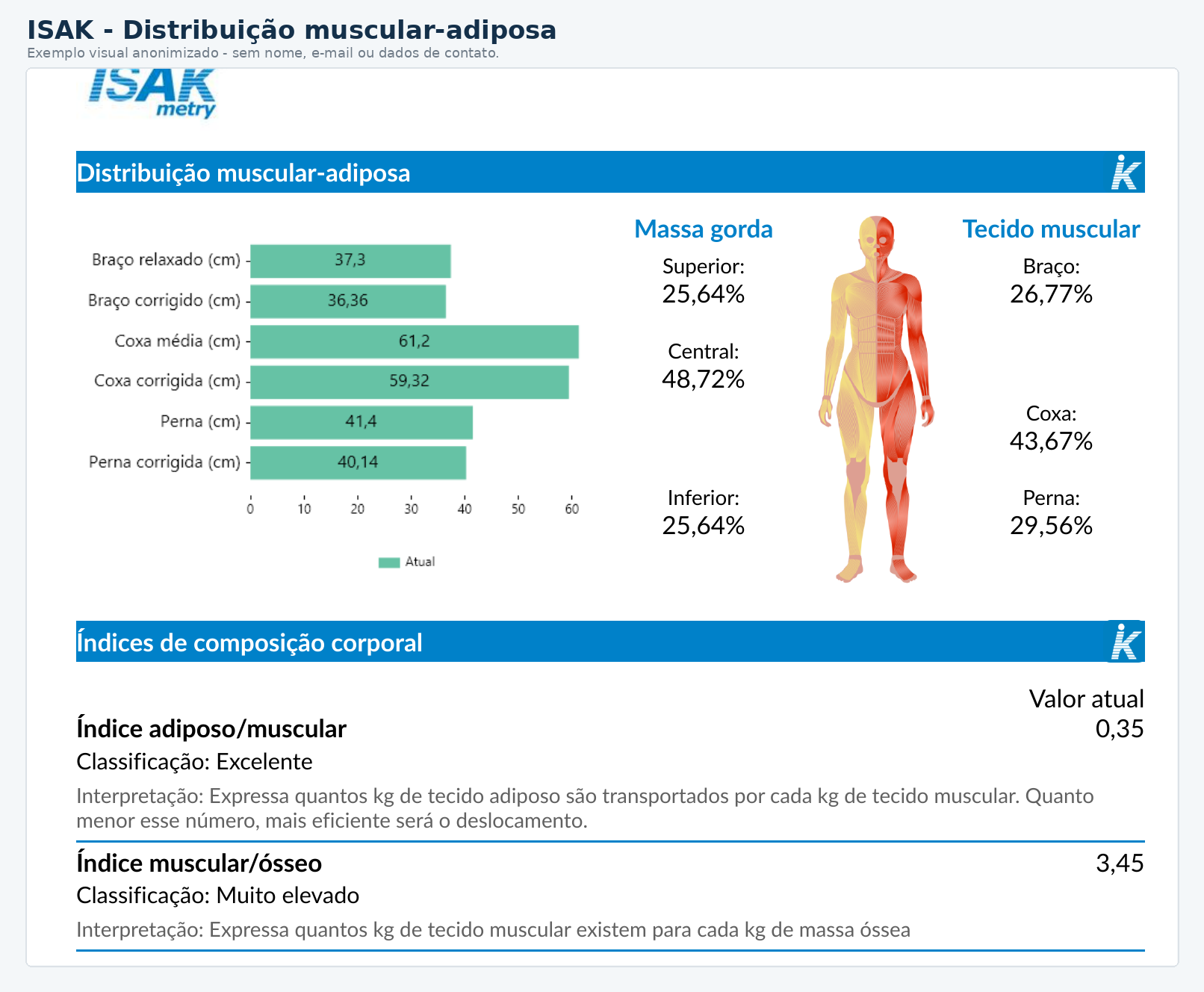 Exemplo anonimizado de distribuição e índices corporais em avaliação ISAK