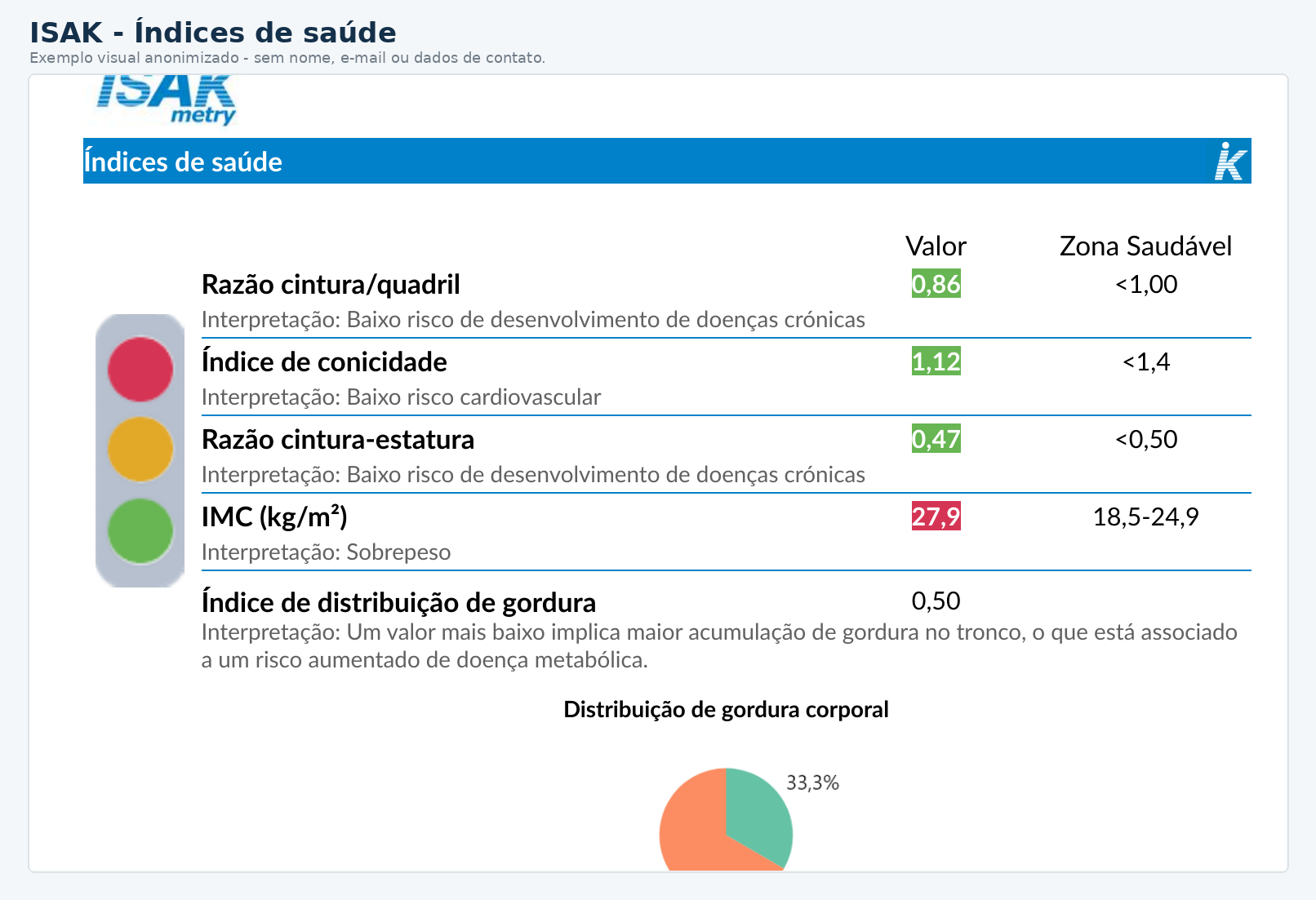 Exemplo anonimizado de índices de saúde em avaliação ISAK